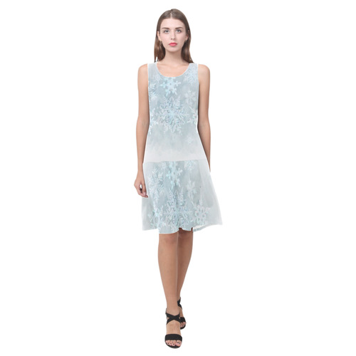 Snowflakes White and blue Sleeveless Splicing Shift Dress(Model D17)