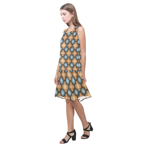 Brown, Blue Floral Pattern Sleeveless Splicing Shift Dress(Model D17)