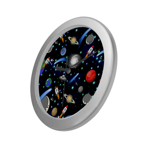 Galaxy Universe - Planets, Stars, Comets, Rockets Silver Color Wall Clock