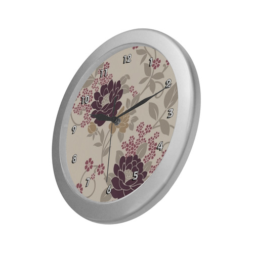Beautiful Vintage Burgundy Floral Wallpaper Silver Color Wall Clock