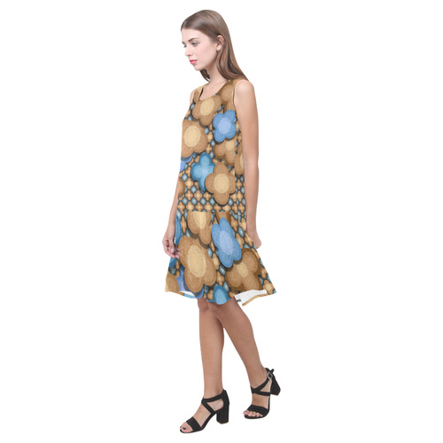Brown and Blue Floral Sleeveless Splicing Shift Dress(Model D17)