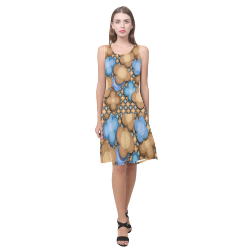 Brown and Blue Floral Sleeveless Splicing Shift Dress(Model D17)