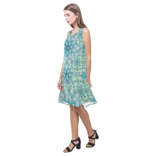 Turquoise Happy Lotus Sleeveless Splicing Shift Dress(Model D17)