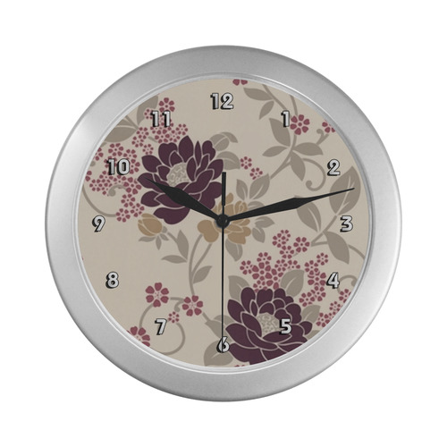 Beautiful Vintage Burgundy Floral Wallpaper Silver Color Wall Clock