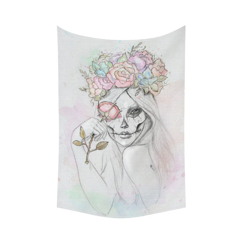 Boho Queen, skull girl, watercolor woman Cotton Linen Wall Tapestry 60"x 90"