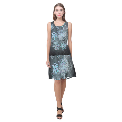 Snowflakes, snow, white and blue Sleeveless Splicing Shift Dress(Model D17)