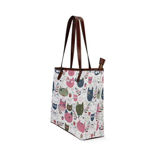 Pink Black White Cute Cats Hearts Flowers Shoulder Tote Bag (Model 1646)