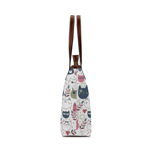 Pink Black White Cute Cats Hearts Flowers Shoulder Tote Bag (Model 1646)