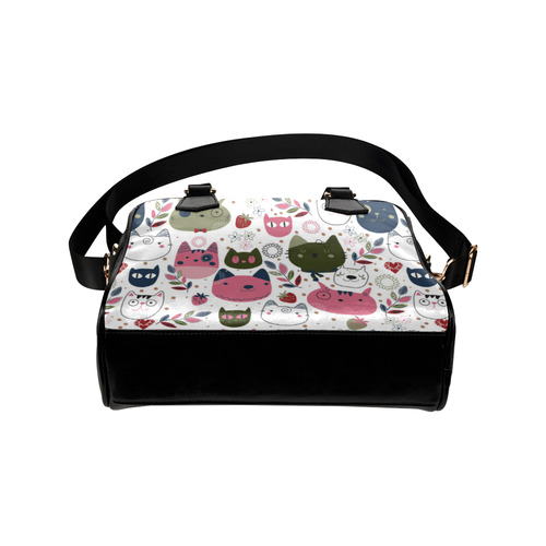 Pink Black White Cute Cats Hearts Flowers Shoulder Handbag (Model 1634)