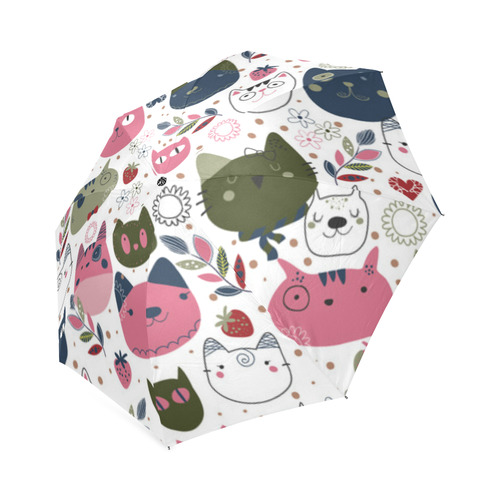 Pink Black White Cute Cats Hearts Flowers Foldable Umbrella (Model U01)