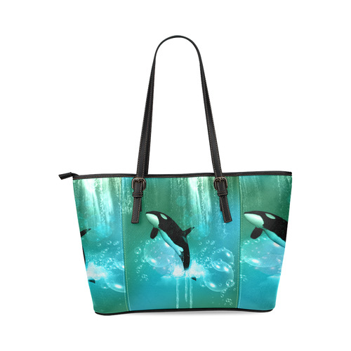 Orca with bubbles Leather Tote Bag/Small (Model 1640)