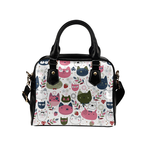 Pink Black White Cute Cats Hearts Flowers Shoulder Handbag (Model 1634)