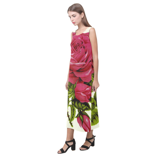 Beautiful Red Rose Flower Vintage Floral Phaedra Sleeveless Open Fork Long Dress (Model D08)