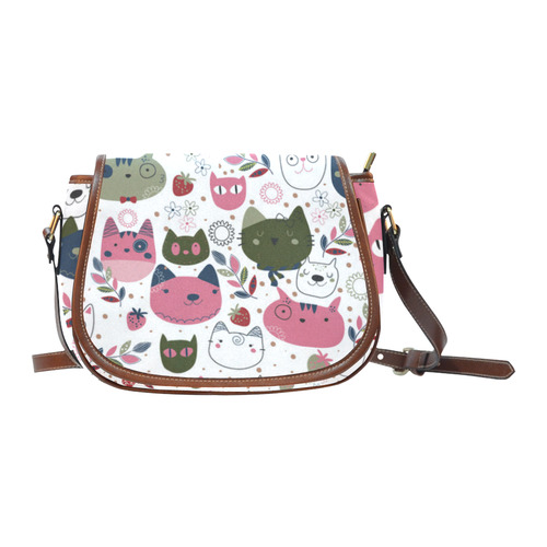 Pink Black White Cute Cats Hearts Flowers Saddle Bag/Small (Model 1649) Full Customization