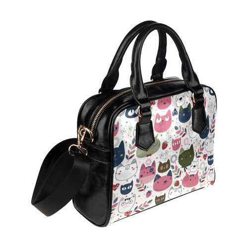 Pink Black White Cute Cats Hearts Flowers Shoulder Handbag (Model 1634)