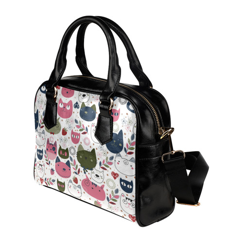 Pink Black White Cute Cats Hearts Flowers Shoulder Handbag (Model 1634)