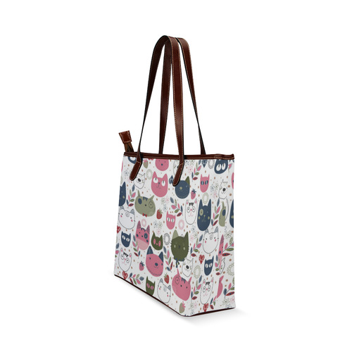 Pink Black White Cute Cats Hearts Flowers Shoulder Tote Bag (Model 1646)