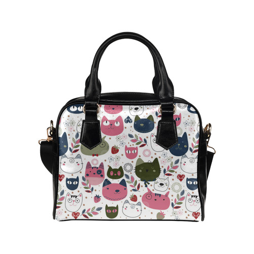 Pink Black White Cute Cats Hearts Flowers Shoulder Handbag (Model 1634)