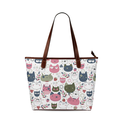 Pink Black White Cute Cats Hearts Flowers Shoulder Tote Bag (Model 1646)