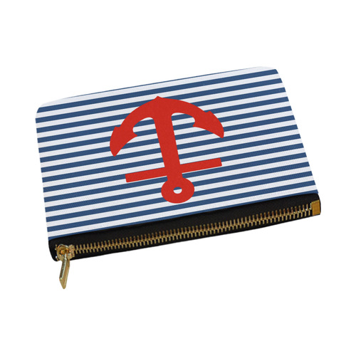 Blue and White Nautical Stripes With Anchor Carry-All Pouch 12.5''x8.5''