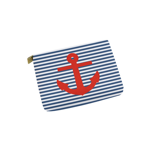 Blue and White Nautical Stripes With Anchor Carry-All Pouch 6''x5''