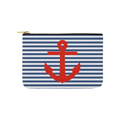 Blue and White Nautical Stripes With Anchor Carry-All Pouch 9.5''x6''