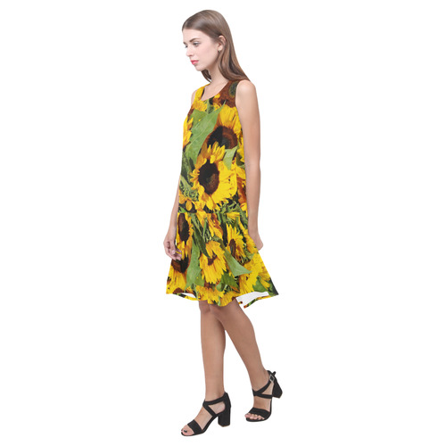 Yellow Sunflowers Sleeveless Splicing Shift Dress(Model D17)