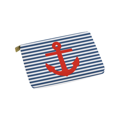 Blue and White Nautical Stripes With Anchor Carry-All Pouch 9.5''x6''