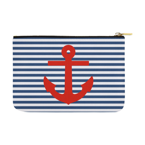 Blue and White Nautical Stripes With Anchor Carry-All Pouch 12.5''x8.5''
