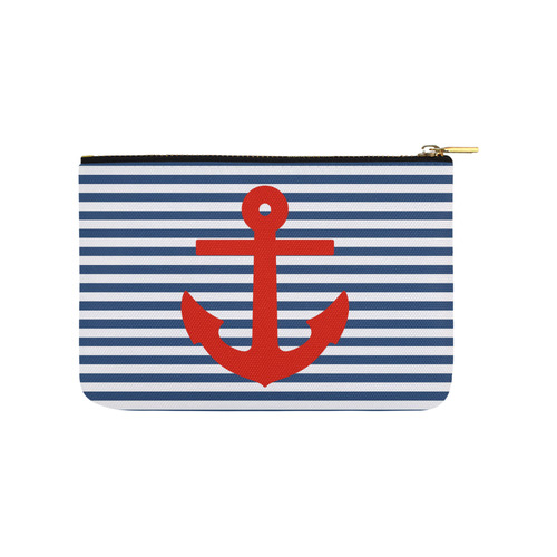Blue and White Nautical Stripes With Anchor Carry-All Pouch 9.5''x6''