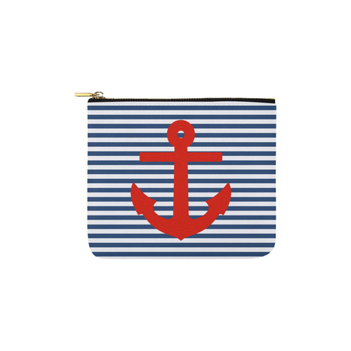 Blue and White Nautical Stripes With Anchor Carry-All Pouch 6''x5''