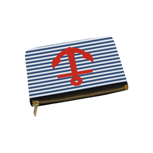 Blue and White Nautical Stripes With Anchor Carry-All Pouch 9.5''x6''