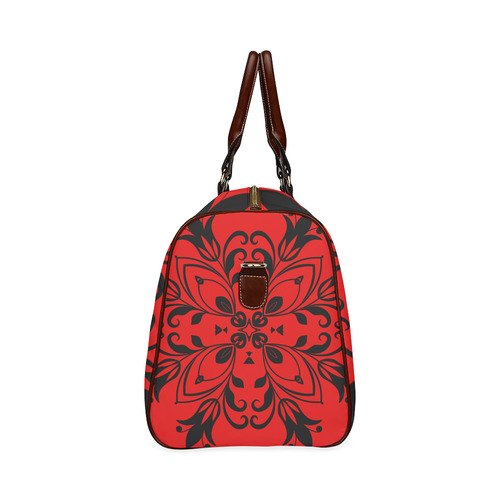 Black Floral Flourish on Red Waterproof Travel Bag/Small (Model 1639)