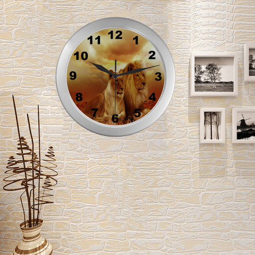 Lion Couple Sunset Fantasy Silver Color Wall Clock