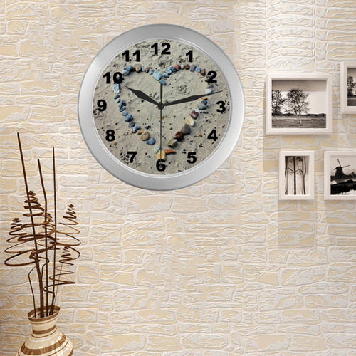 Beach Heart Stones Silver Color Wall Clock