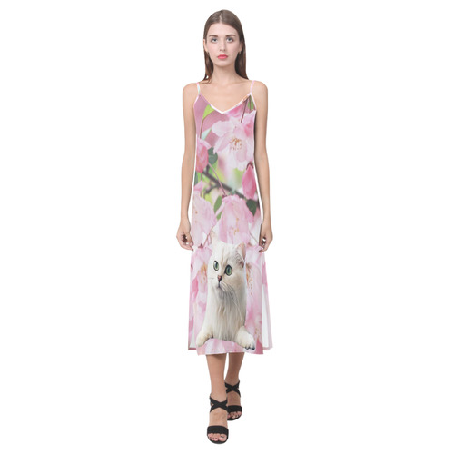 Cat and Flowers V-Neck Open Fork Long Dress(Model D18)