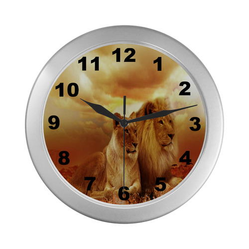 Lion Couple Sunset Fantasy Silver Color Wall Clock