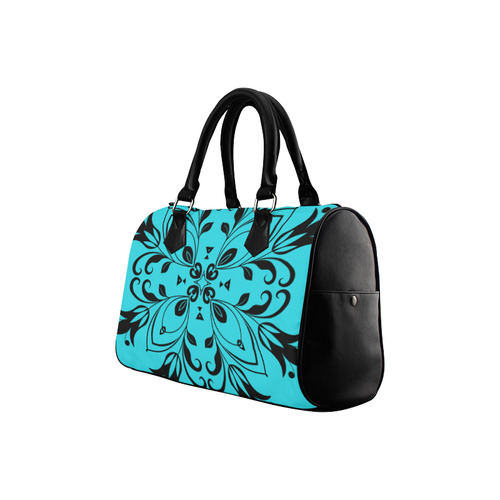 Black Floral Flourish Swirls on Teal Boston Handbag (Model 1621)