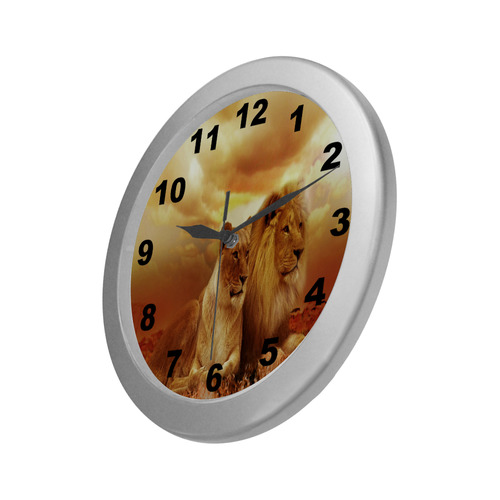 Lion Couple Sunset Fantasy Silver Color Wall Clock