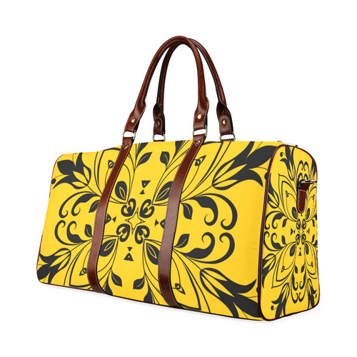 Black Floral Flourish on Yellow Waterproof Travel Bag/Small (Model 1639)