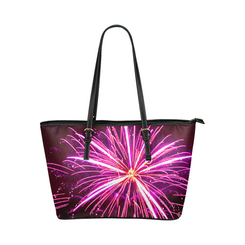 Happy New Year Fireworks Leather Tote Bag/Small (Model 1651)