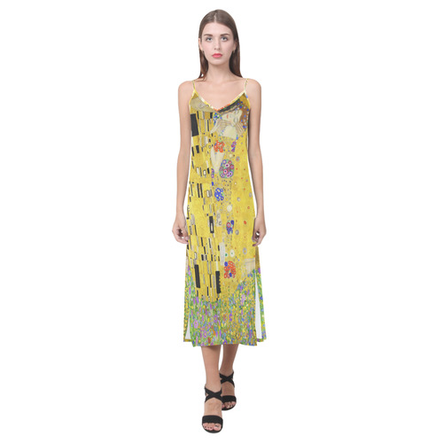 The Kiss Gustav Klimt Fine Art V-Neck Open Fork Long Dress(Model D18)