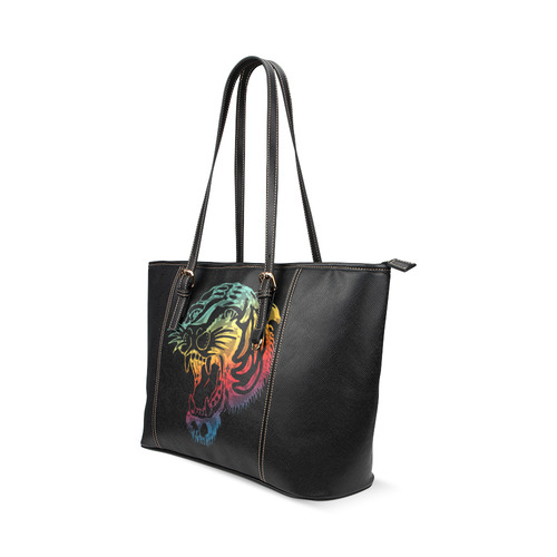 Roaring Tiger Tattoo colored Leather Tote Bag/Large (Model 1640)