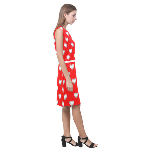 Silver 3-D Look Valentine Love Hearts on Red Eos Women's Sleeveless Dress (Model D01)