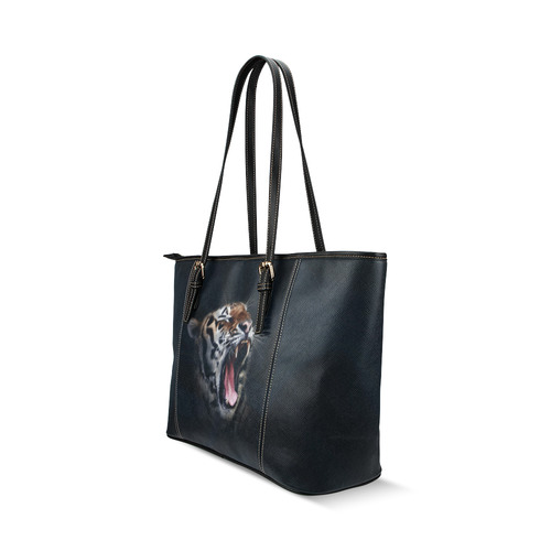 A painted glorious roaring Tiger Portrait Leather Tote Bag/Large (Model 1640)