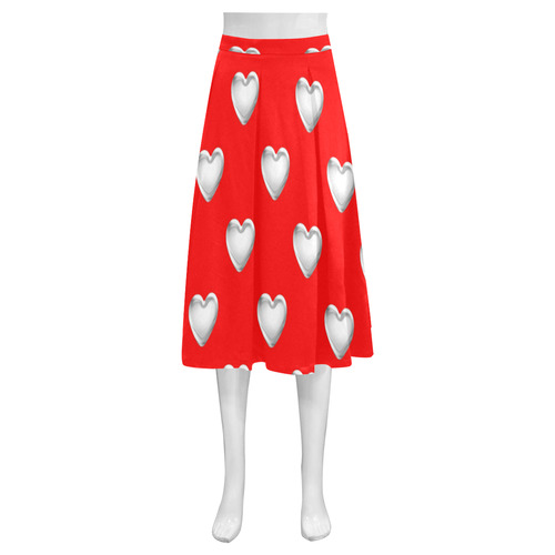 Silver 3-D Look Valentine Love Hearts on Red Mnemosyne Women's Crepe Skirt (Model D16)