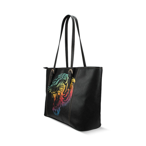 Roaring Tiger Tattoo colored Leather Tote Bag/Large (Model 1640)