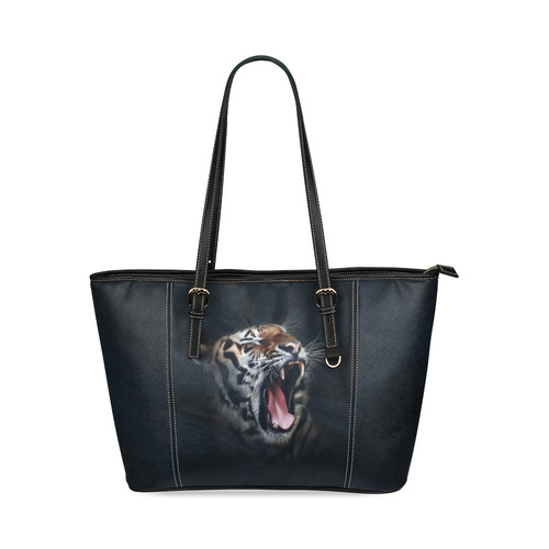 A painted glorious roaring Tiger Portrait Leather Tote Bag/Large (Model 1640)