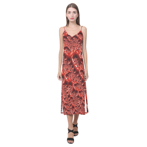 Cool Red Fractal White Lights V-Neck Open Fork Long Dress(Model D18)