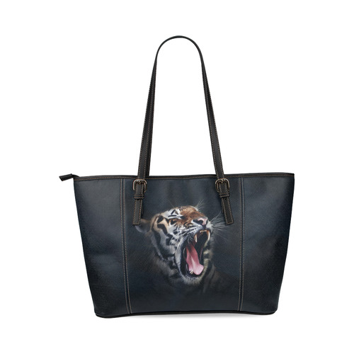 A painted glorious roaring Tiger Portrait Leather Tote Bag/Large (Model 1640)